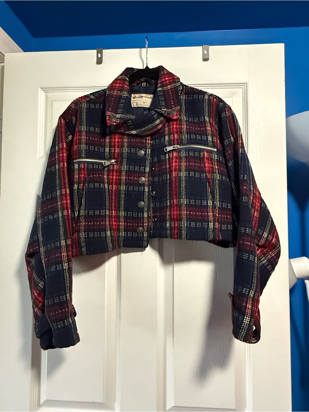 We The Free Cropped Plaid Jacket in Navy and Red